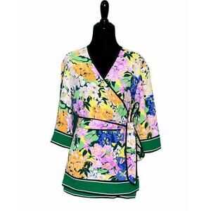 Ann Taylor Green Floral Kimono Sleeves Wrap Blouse Size XS